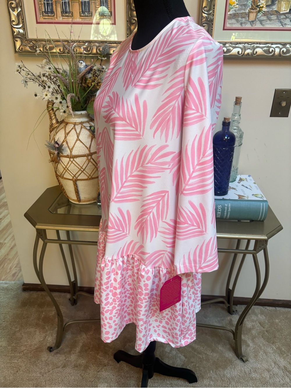 Kaeli Smith Pink & White Tropical Palm-Print Leopard Drop-Waist Dress Size XS-S - Picture 5 of 10